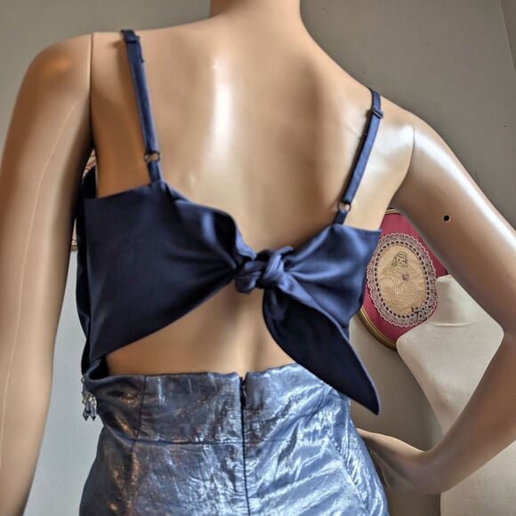 Vintage 90s y2k Scene Prom Gown Blue Floral Embroidery Beaded Fringe Size 9/10 - Picture 12 of 17